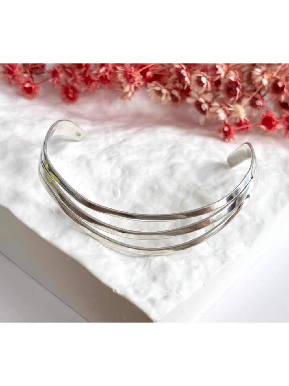 Triple Wave Modernist Style Chunky Vintage Sterling Silver 925 Cuff Bracelet